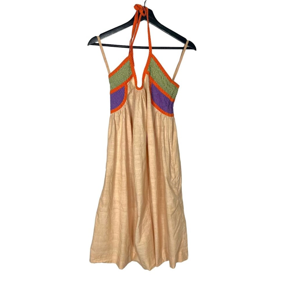 Vintage 70s Bill Tice Tan Multicolor Knee Length Halter Dress 8 - Picture 1 of 10